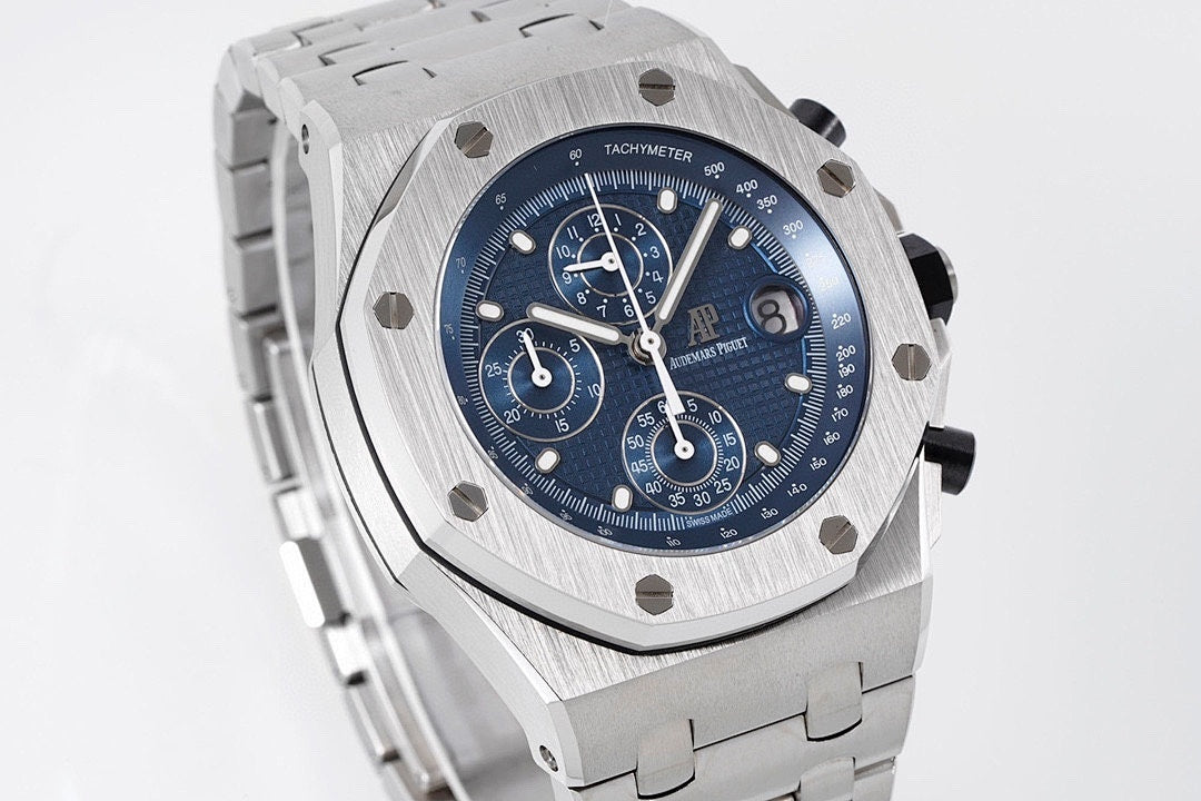 Audemars Piguet Royal Oak chronograph watch with blue dial and stainless steel case