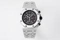 Audemars Piguet watch with black dial, silver steel bracelet and three chronograph subdials
