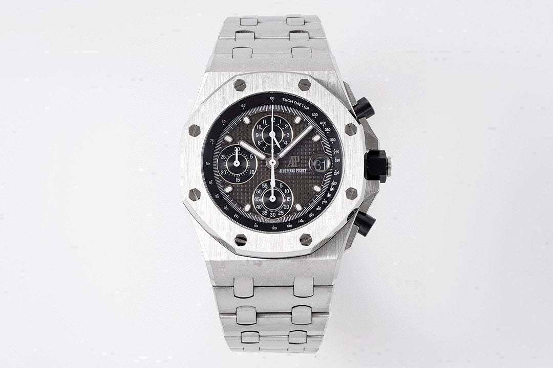 Audemars Piguet watch with black dial, silver steel bracelet and three chronograph subdials