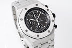 Audemars Piguet watch front view with black dial, tachymeter scale and steel case