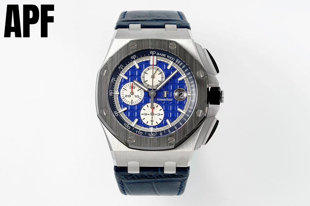 Blue-dial chronograph wristwatch with steel case and blue leather strap