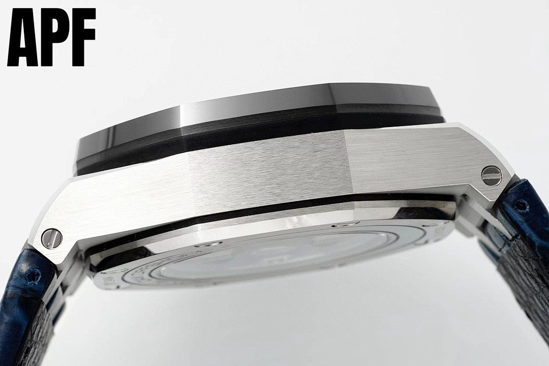 Steel watch case with dark bezel edge and visible crown-side profile