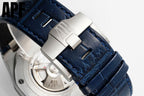 Blue leather watch strap with brushed steel deployant clasp