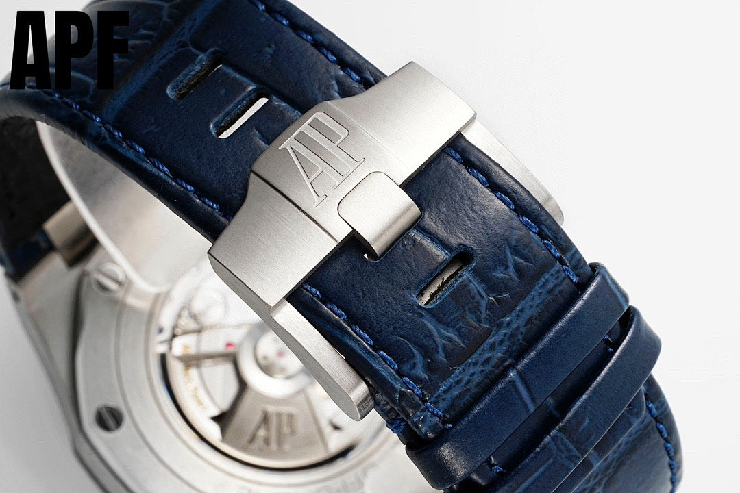 Blue leather watch strap with brushed steel deployant clasp