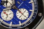Close-up of blue dial chronograph with tachymeter bezel and white subdials