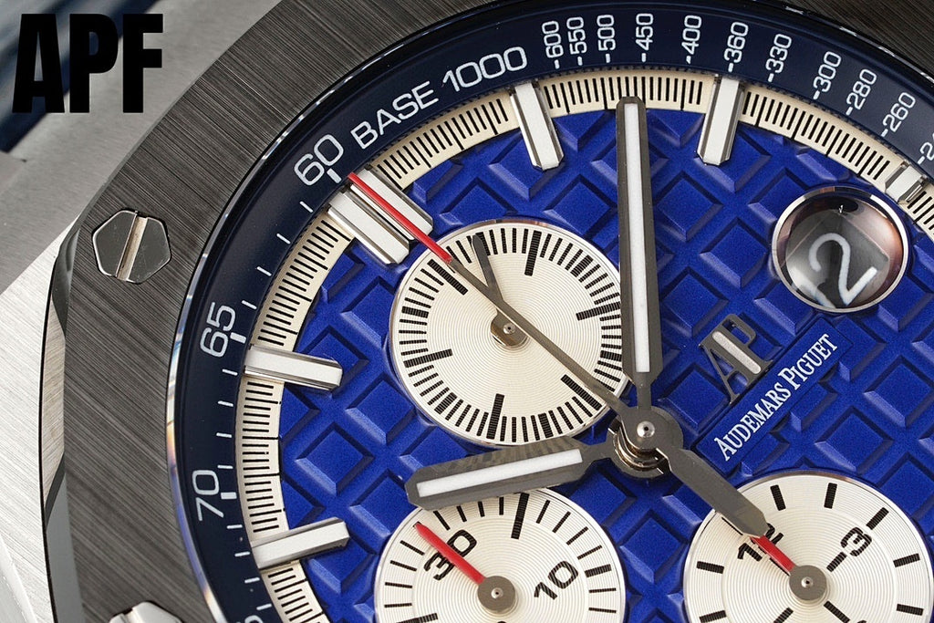Blue dial wristwatch close-up with white subdials and metal hour markers