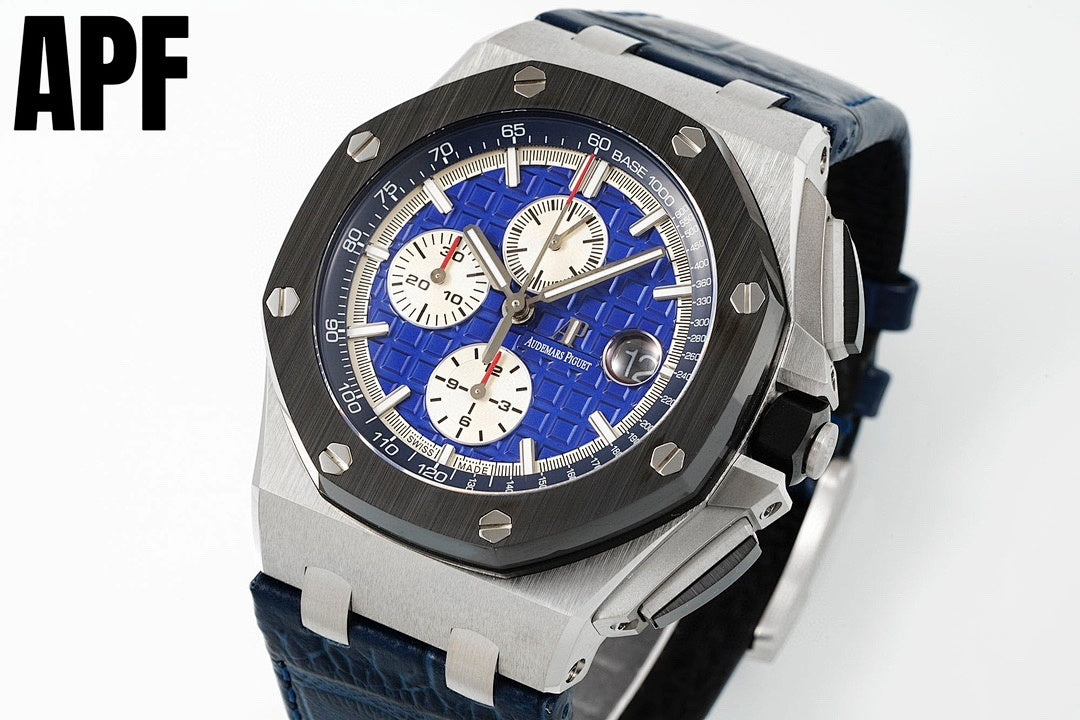 Three-quarter view blue-dial chronograph with steel case and blue leather strap