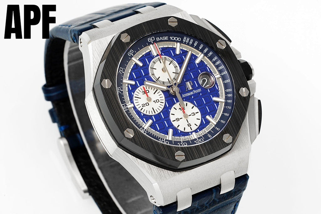 Angled view blue-dial chronograph wristwatch with steel case and blue leather strap