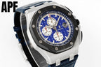 Angled view blue-dial chronograph wristwatch with steel case and blue leather strap