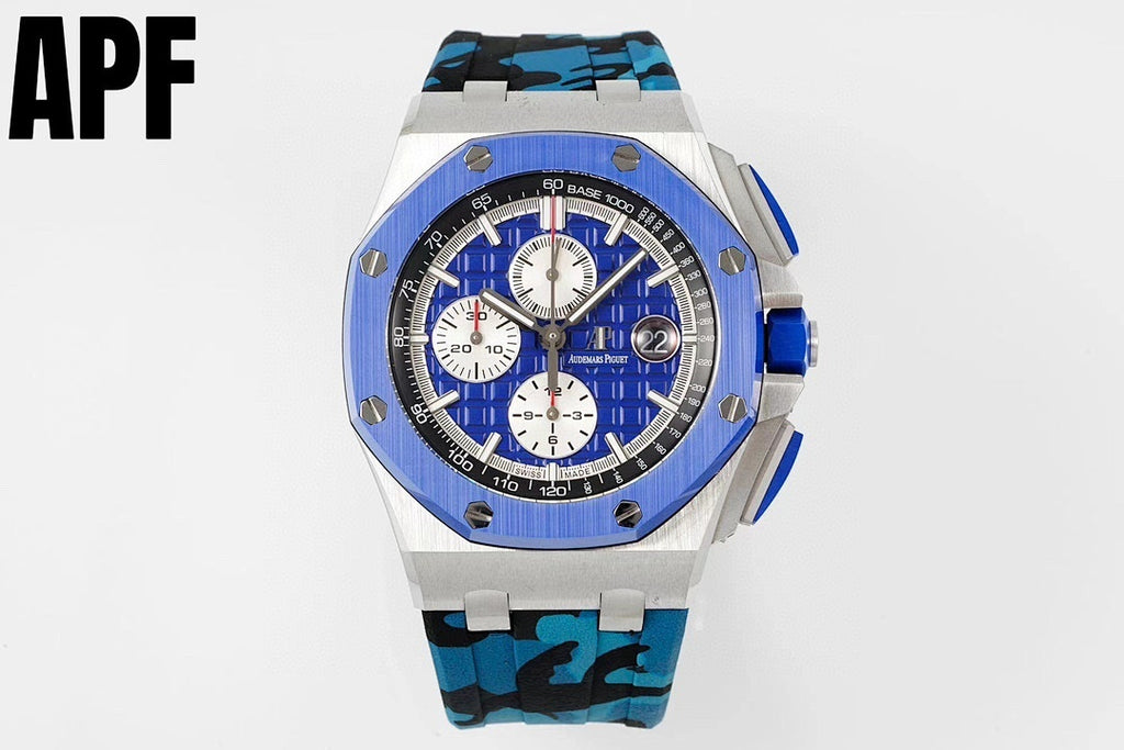 Audemars Piguet sports watch with blue dial, silver case, blue camo strap