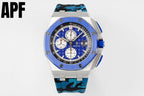 Audemars Piguet sports watch with blue dial, silver case, blue camo strap