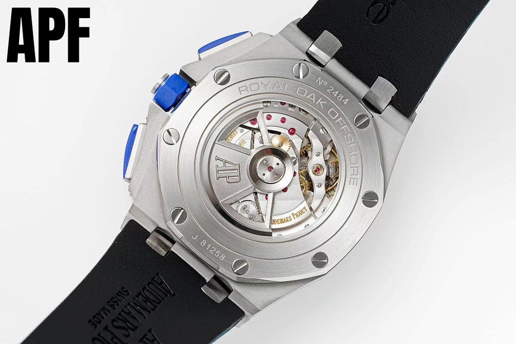 Audemars Piguet watch with open dial, silver case, visible mechanical movement, black strap