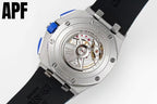 Audemars Piguet watch with open dial, silver case, visible mechanical movement, black strap
