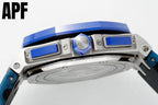 Audemars Piguet watch top view, silver case with blue pushers and crown, black strap