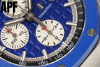 Blue sunburst dial watch with chronograph subdials, white markers, silver hands, bezel