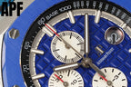 Audemars Piguet chronograph dial, blue textured background, tachymeter scale and subdials