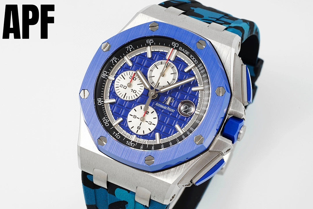 Audemars Piguet sports watch front view, blue dial and bezel, silver case, blue camo strap