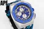 Audemars Piguet sports watch angled view, blue dial with subdials, silver case, camo strap