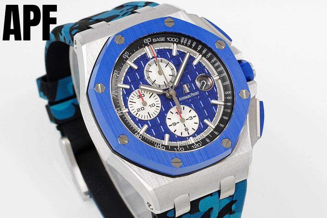 Audemars Piguet sports watch angled view, blue dial with subdials, silver case, camo strap