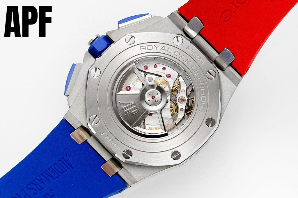 Mechanical watch case back with visible movement, steel case, blue and red straps