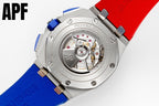 Mechanical watch case back with visible movement, steel case, blue and red straps