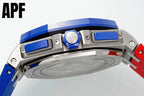 Watch case underside close-up with steel back, blue accents, and strap attachment points