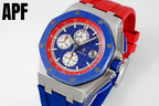 Sports watch with blue dial, red bezel, steel case, and red-and-blue silicone strap