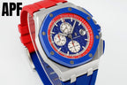 Blue-dial chronograph watch with red bezel, steel case, and red-and-blue silicone strap