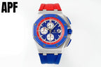 Sports watch with blue dial, red bezel, steel case, and red-and-blue silicone strap
