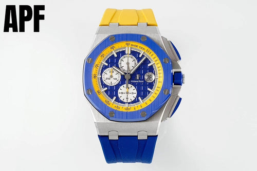 Audemars Piguet Royal Oak Offshore watch with blue dial, yellow bezel, blue strap