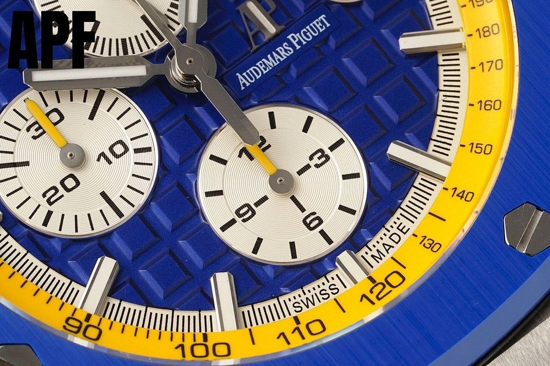Audemars Piguet Royal Oak Offshore watch dial close-up with white subdials