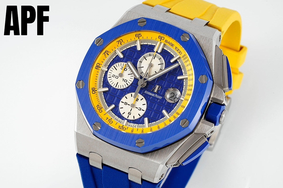 Audemars Piguet Royal Oak Offshore watch with blue dial, yellow bezel, blue strap