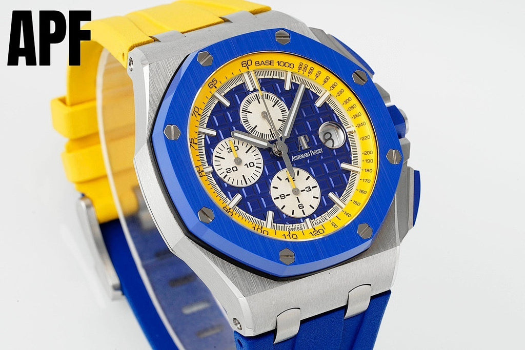 Audemars Piguet Royal Oak Offshore watch angled view with blue dial and yellow bezel
