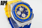 Audemars Piguet Royal Oak Offshore watch angled view with blue dial and yellow bezel