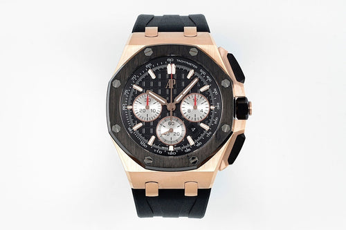Audemars Piguet watch with black dial, rose-gold octagonal case, black rubber strap.