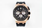 Audemars Piguet watch front view, black dial with chronograph subdials, rose-gold case, strap.