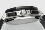 Audemars Piguet watch top view with AP logo bridge and black bezel around the dial