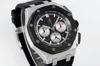 Audemars Piguet chronograph watch three-quarter view with black dial and metal bezel