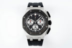 Audemars Piguet chronograph watch front view with black dial, subdials, and black strap