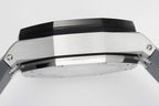 Audemars Piguet Royal Oak watch side view, brushed steel case with black bezel ring