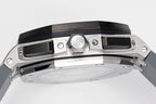 Audemars Piguet Royal Oak watch clasp and case edge, brushed steel with black bezel accents