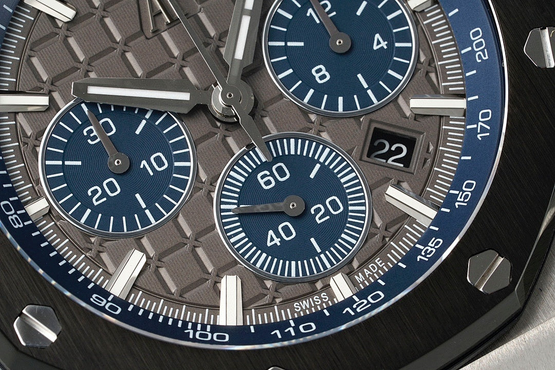 Audemars Piguet Royal Oak dial detail, blue subdials and octagonal steel case, chronograph