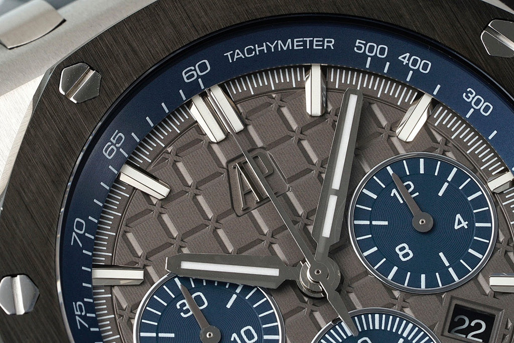 Audemars Piguet Royal Oak dial close-up, blue tachymeter scale and subdial details