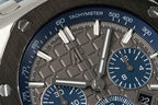 Audemars Piguet Royal Oak dial close-up, blue tachymeter scale and subdial details