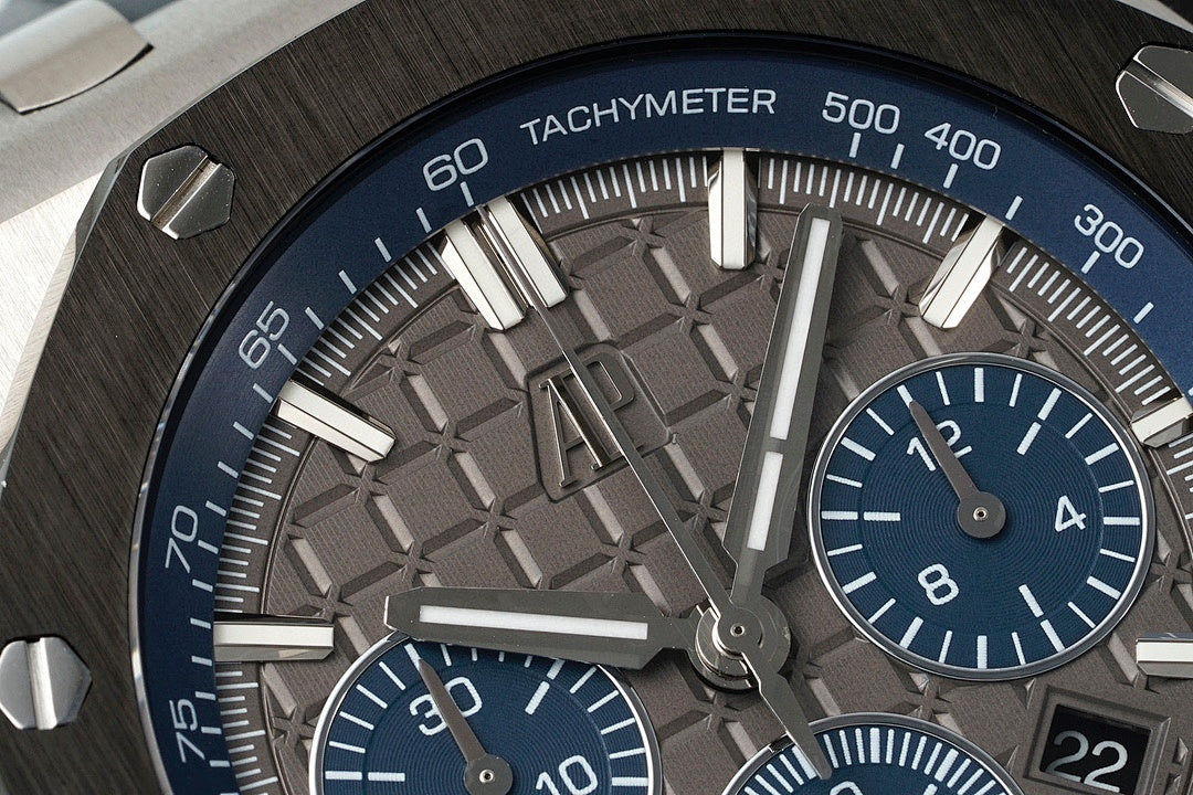 Audemars Piguet Royal Oak dial close-up, blue tachymeter scale and subdial details