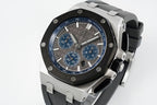 Audemars Piguet Royal Oak chronograph watch, blue dial, octagonal steel case, black rubber strap