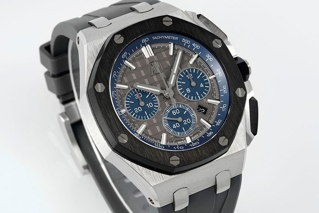 Audemars Piguet Royal Oak chronograph watch, blue subdials on textured dial, steel case