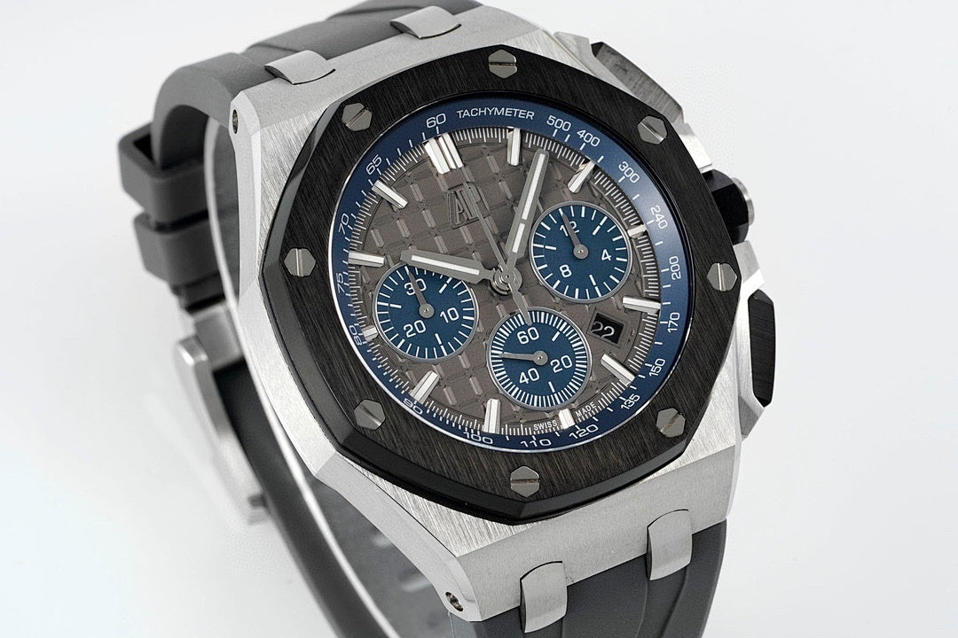 Audemars Piguet Royal Oak chronograph watch, blue subdials on textured dial, steel case