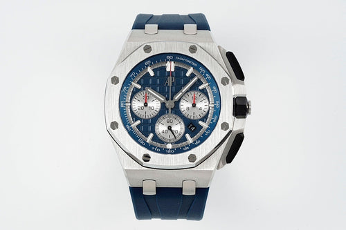 Audemars Piguet blue dial chronograph watch with steel bezel and blue rubber strap
