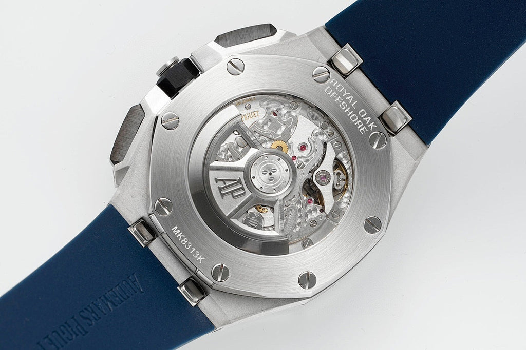 Audemars Piguet open-work movement wristwatch with steel case and blue rubber strap